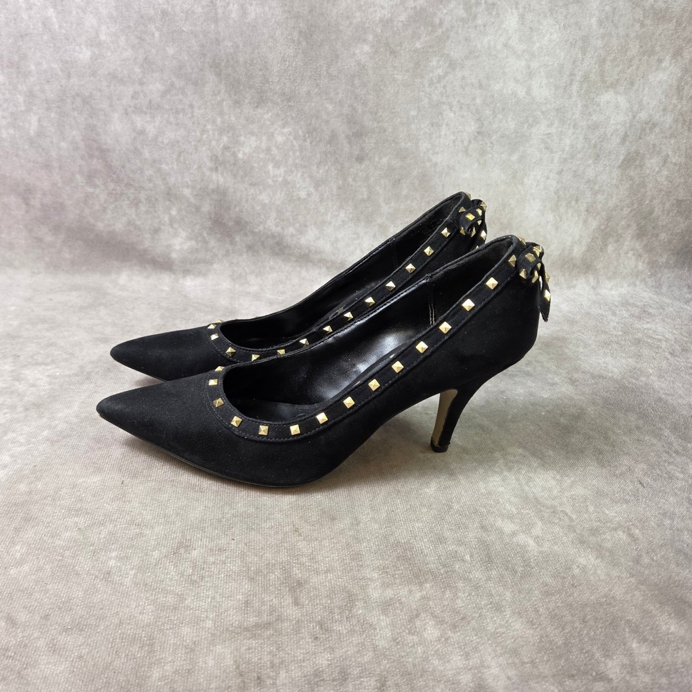 Elle Kairi Black Faux Suede Studded Bow Pointed Toe Pumps Gold Studs Size 9